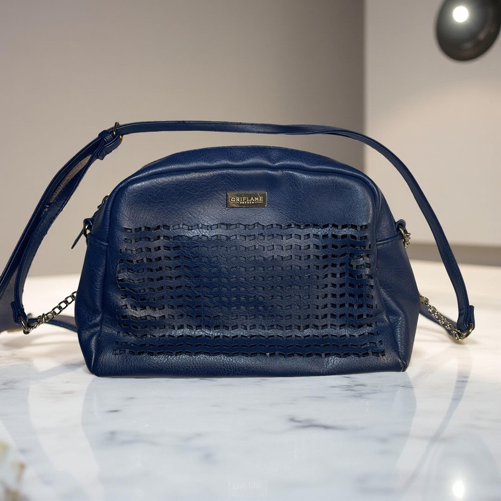 Oriflame Navy Blue Faux Leather Shoulder Bag 11”x8” Stylish Cutout Design